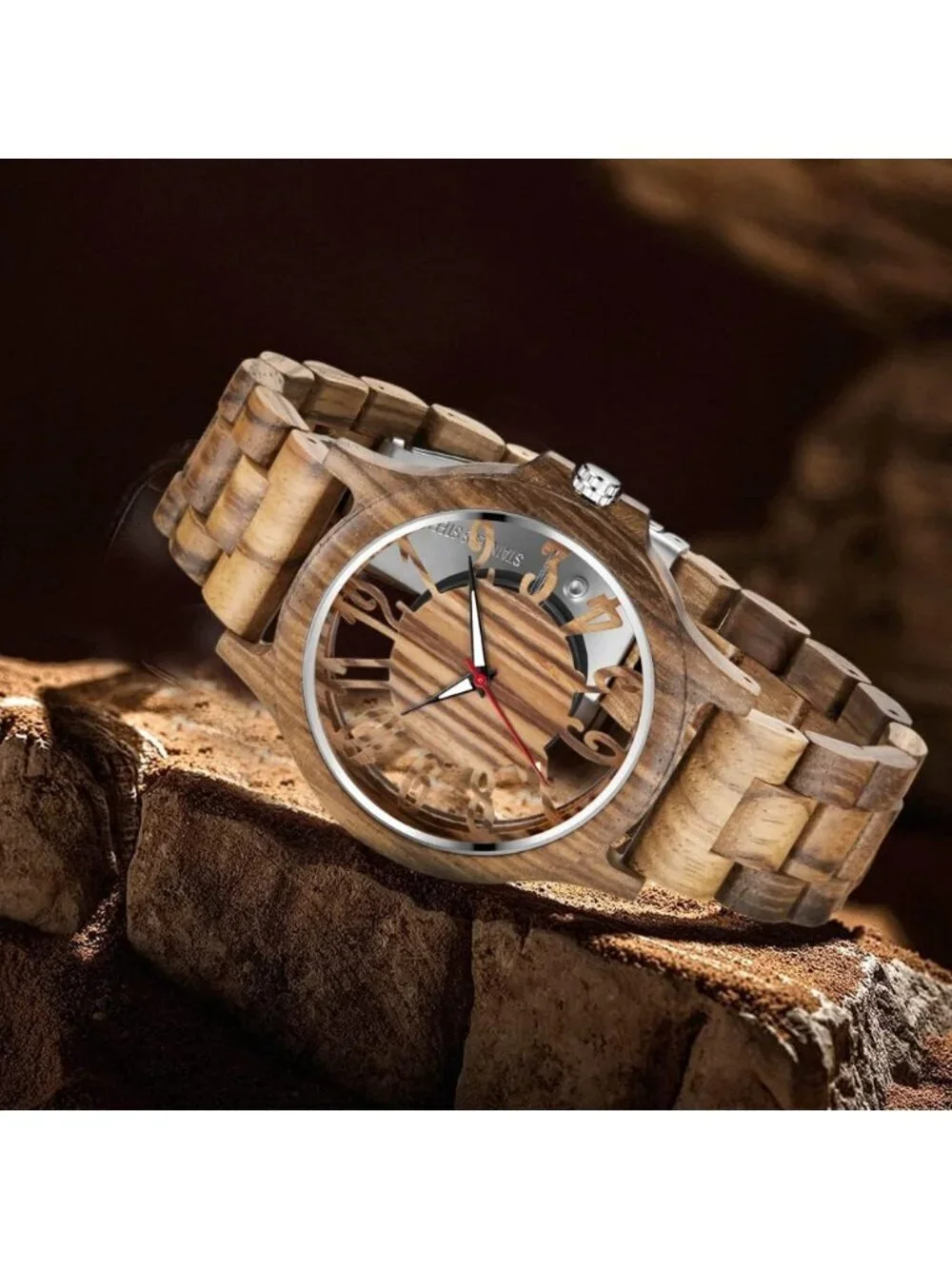 Mens Brown Solid Buckle Analog Quartz Classic Crystal Round Walking Wooden Watch